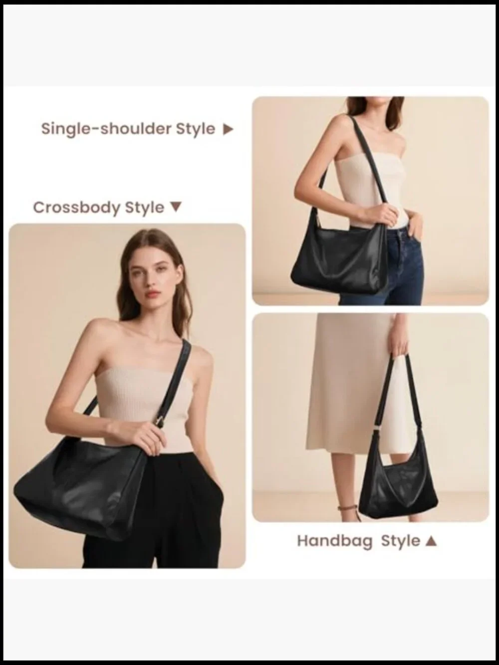 Hobo Tote Bag Faux Leather Slouchy Crossbody Purse Foldable Shoulder Bag